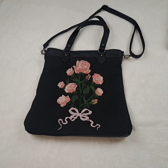 Dolls Kill Widow Shadow Bloom Floral Embroidered Cross-Stitch Black Tote Bag - Picture 11 of 12